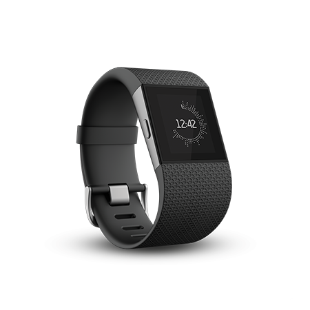Fitbit Surge with the time shown on the screen